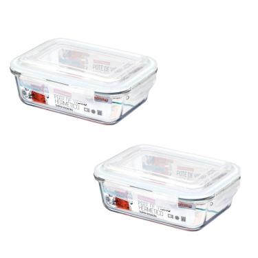 Imagem de Kit 2 Pote Vidro Hermético Marmita Tampa Plástico 640Ml