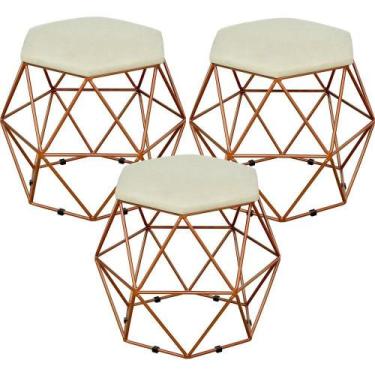 Imagem de Kit 03 Puffs Decorativo Aramado Bronze Six Suede Bege - Lyam Decor