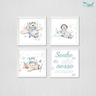Imagem de Kit Quadro Infantil Aquarela Bebê Ursinho Voador - 4 Molduras 20x20cm 