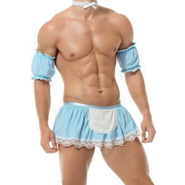 Imagem de HAVBX Roupa de empregada para homens crossdressers-minissaia masculina sexy para fantasia cosplay, Azul, Tamanho Único