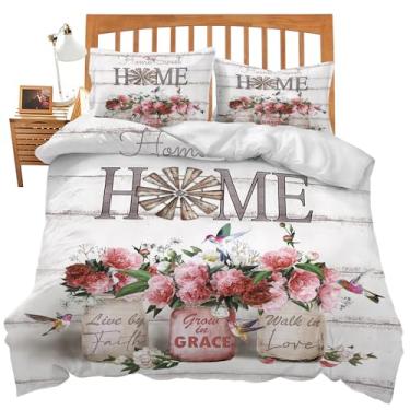 Imagem de Conjunto de 3 peças de capa de edredom com tema de flor de rosa com 2 fronhas tamanho casal peônia rosa floral lençol de cama para crianças amadas