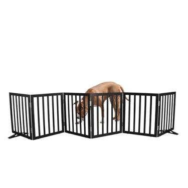 Imagem de SFJC Portão interno para cães, cerca independente para casa, portas, corredores ou escadas, portão para animais de estimação dobrável de madeira, expansível 61 cm de altura, 6 painéis, preto