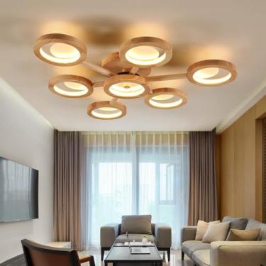 Imagem de Lustre Sputnik de madeira rústica com luzes LED reguláveis para quarto, sala de estar, cozinha, luminária de teto semi-embutida industrial para sala de jantar, lavanderia, 9 luzes