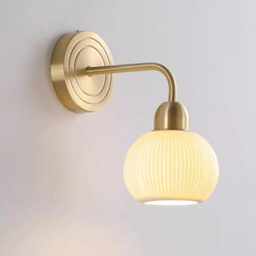 Imagem de Luminária de parede clássica de latão, luminária de parede moderna de cerâmica branca com acabamento listrado, luminária de parede de cabeceira elegante com fiação, luminária de parede de la