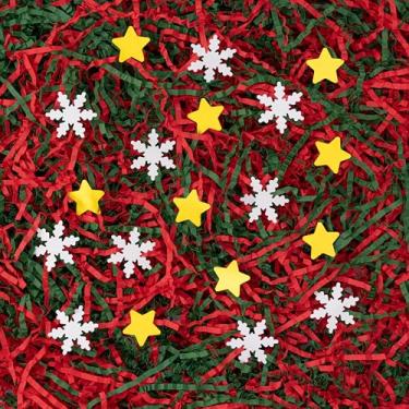 Imagem de SWANGSA 1,1 kg de papel de corte enrugado de Natal vermelho e verde com flocos de neve e confetes de estrelas para cestas de presente, enchimento desfiado, serpentina de papel de almofada de grama