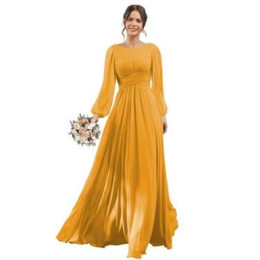 Imagem de Vestido de dama de honra YOFF de mangas compridas em chiffon amarelo m