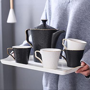 Imagem de Conjuntos de chá de porcelana, xícaras de café e para 4, conjuntos de chá simples modernos com bule de chá preto, xícaras de chá, B (B) (B) (B)