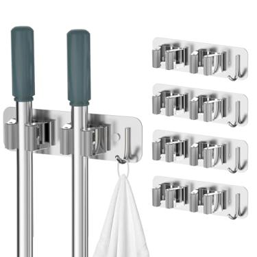 Imagem de homeasy Suporte de parede para esfregão e vassoura, suporte organizador de aço inoxidável resistente com ganchos | Pacote com 4, instalação 2 em 1 sem broca e parafuso, prata