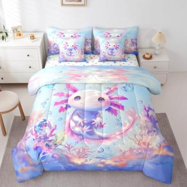 Imagem de Erosebridal Jogo de cama de axolote fofo para meninas tamanho casal (7 peças) | Conjunto de edredom infantil com desenho animado de axolotl e estampa de axolote kawaii, salamandra, edredom