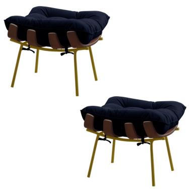 Imagem de Kit 2 Puffs Decorativos Sala de Estar Abel Base de Madeira Dourada Veludo Azul - Gran Belo
