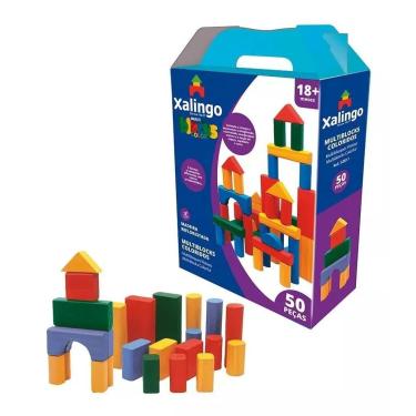Imagem de Blocos Montar Infantil Madeira Colorido 50 Peças - Xalingo
