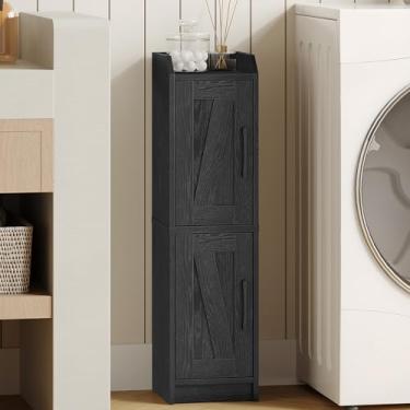 Imagem de Hzuaneri Armário de armazenamento de banheiro, armário de chão de canto pequeno com porta e prateleiras, organizador de banheiro estreito e armazenamento de papel com prateleiras ajustáveis, para