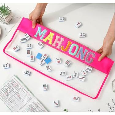Imagem de JarThenaAMCS Bolsa vazia Mahjong com zíper transparente com letras de chenille para conjunto de Mahjong americano (rosa vermelha)
