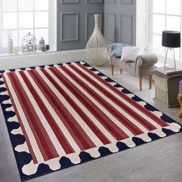 Imagem de 9CH Tapete de área com listras vermelhas e brancas, 1,8 m x 1,5 m, azul marinho, moderno, geométrico, macio, antiderrapante, vintage, bandeira americana, tapetes para quarto, sala de jantar
