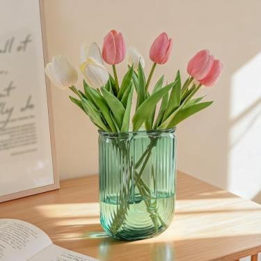 Imagem de GarDream Vaso de vidro canelado verde em forma de U para buquê, vasos transparentes vintage de 18 cm para flores, mesa de jantar, centros de mesa, entrada, vasos decorativos para sala de estar, quarto