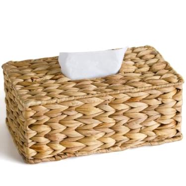 Imagem de KALEKAIL Capa de caixa de lenços, retângulo de cobertura de caixa de lenços de jacinto de água, suporte de tecido de vime tecido à mão para sala de estar, bancada de cozinha, escritório, restaurante