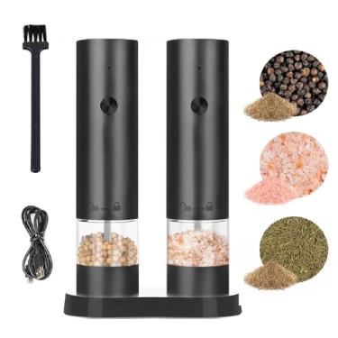 Imagem de Conjunto de moedor elétrico de sal e pimenta, pacote com 2 saleiros e pimenteiros com base, grossura ajustável, recarregável por USB, moedor automático de sal e pimenta com luz LED, grande capacidade