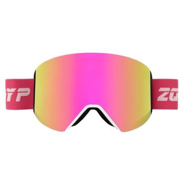 Imagem de YMTSGEQ Óculos de esqui OTG, óculos de neve sem moldura para homens e mulheres, lentes magnéticas intercambiáveis anti-neblina, 100% de proteção UV (armação branca alça rosa - lente dourada rosa Revo