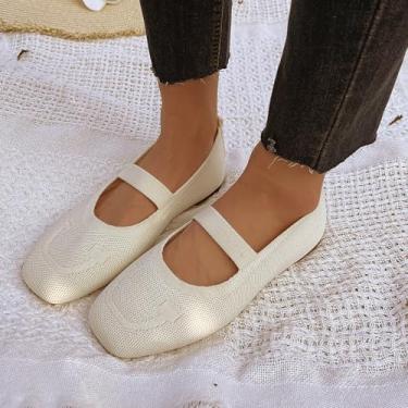 Imagem de Sapatilhas femininas Mary Jane com bico quadrado, casual, sapatilha, confortável, de malha, para trabalho, escritório, Bege, 35