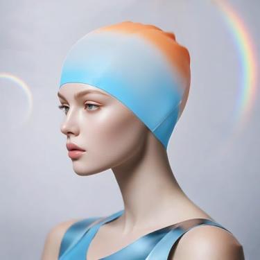 Imagem de Touca de natação unissex de silicone macio para mulheres e homens, treinamento intensivo, confortável, antiderrapante, chapéu de natação de cabelo curto/longo (azul e laranja)