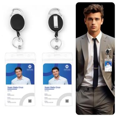 Imagem de 2 pacotes de porta-crachás, clipe e chaveiro, plástico transparente vertical, carretéis pretos