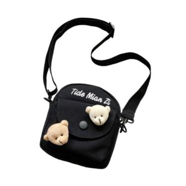 Imagem de Bolsa carteiro de ombro com bordado de desenho animado portátil feminina (preto)