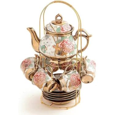 Imagem de Bule Com Xicaras E Pires Para Cafe Luxo Bule Com Suporte 13 Pecas Dourado(750 mL)