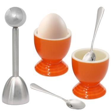 Imagem de Kyuionty Conjunto de cortador de cerâmica para ovos cozidos macios, 2 copos de ovo laranja, 1 cortador de ovos de aço inoxidável, 2 colheres SS na cozinha, festas para cozinhar no café da manhã