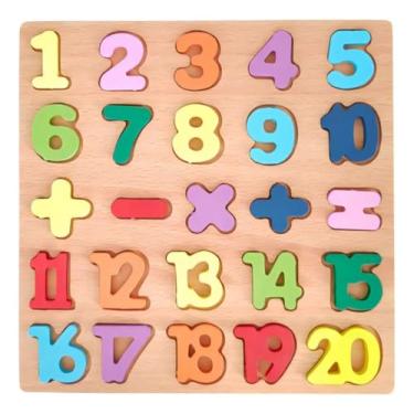 Imagem de Brinquedo Educativo de Madeira, Quebra-Cabeça com Números e Símbolos Matemáticos, Tabuleiro de Encaixe Colorido para Aprendizagem Infantil