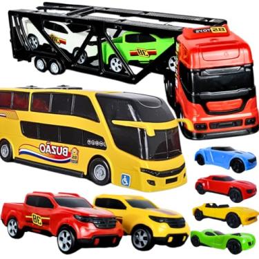 Imagem de Kit Brinquedo Infantil 8 Peças, Caminhão Cegonha, Ônibus, Carrinhos, Miniaturas para Meninos