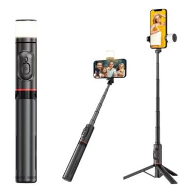 Imagem de Bastão de Selfie Com Luz Led Tripé Para Celular Dobrável Pau de Selfie Bluetooth Controle Remoto 3 em 1 Câmera Selfie stick(Preto)
