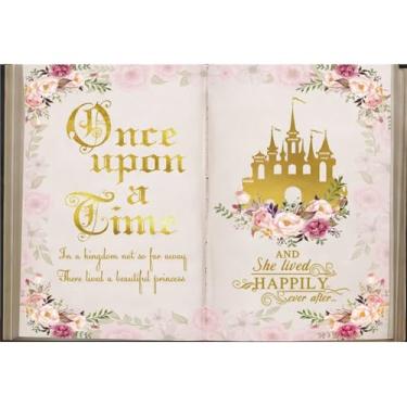 Imagem de Yeele 3,7 x 1,8 m Once Upon a Time Pano de fundo rosa floral dourado castelo princesa romântico conto de fadas livro fotografia fundo para meninas, aniversário, chá de bebê, decoração de casamento