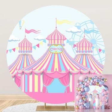 Imagem de Capa de fundo redonda de circo rosa de 2 x 2 m, desenho animado de carnaval, roda-gigante, carrossel, círculo, fotografia para meninas, decoração de aniversário, chá de bebê, decoração de bolo