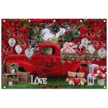 Imagem de ZTHMOE 3,7 x 2,4 m poliéster romance dia caminhão vermelho pano de fundo rosa jardim coração amor balões fotografia fundo romântico decoração banner decorações casal foto adereços