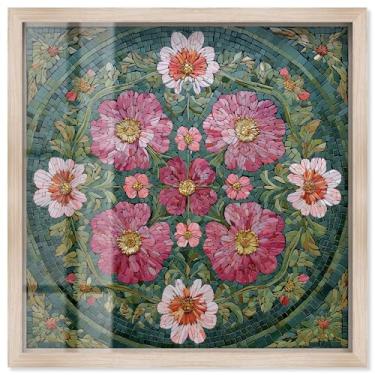 Imagem de Arte de parede de banheiro com estampa Emerald Bloom Mandala I Shadowbox por Art Remedy, moldura loira, 61 x 61 cm