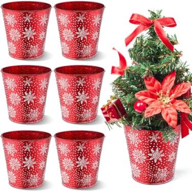 Imagem de Zhehao Balde galvanizado de Natal, 6 peças, cesta de metal, 14 cm, vaso decorativo de estanho, casa de fazenda, suporte de flores vintage, decoração para Natal, casa, exterior, interior (estilo