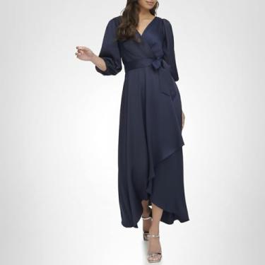 Imagem de DKNY Vestido longo feminino de cetim com manga balão, Azul marino, 44