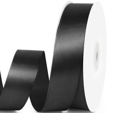 Imagem de Quhora Fita de cetim de 2,5 cm x 50 metros - Fita de seda preta com carretel - Ideal para embrulhos de presentes, buquês florais, artesanato, decorações de festa de casamento, Natal e projetos de