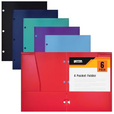 Imagem de 4 pastas de plástico de bolso (pacote com 6), 3 furos de furo, pastas de plástico extra resistentes, cores primárias variadas, tamanho de letra, com espaço para cartão de visita, da Better Office Products
