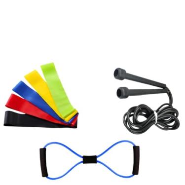 Imagem de Elastico Para Exercicio Faixa Elástica de Treino Extensor Ginástica Fisioterapia(5 FAIXAS + 1 CORDA DE PULAR)