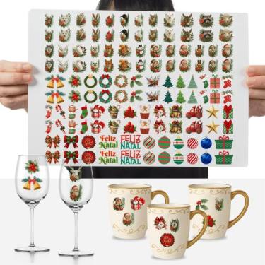 Imagem de Cartela Adesivo Decoração 3 cm Feliz Natal Papai Noel DTF UV - Graviar