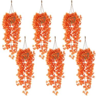 Imagem de Giegxin Mini planta artificial suspensa de outono com cesta de tecido, plantas falsas, hera, trepadeiras falsas, folha de eucalipto, para decoração de prateleira de parede interna de Ação de Graças