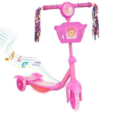 Imagem de Patinete Infantil 3 Rodas Dobrável Rosa com Luz, Som e Freio Traseiro - Brilha, Seguro e Divertido para Crianças Acima de 3 Anos - Com Cestinha e Design Estiloso para Desenvolvimento de Coordenação