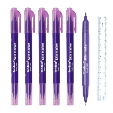 Imagem de Pacote com 6 canetas marcadoras de tatuagem de maquiagem permanente roxa com régua sobrancelha microblading marcadores de ponta de tatuagem (cabeças duplas - barril de caneta roxa)