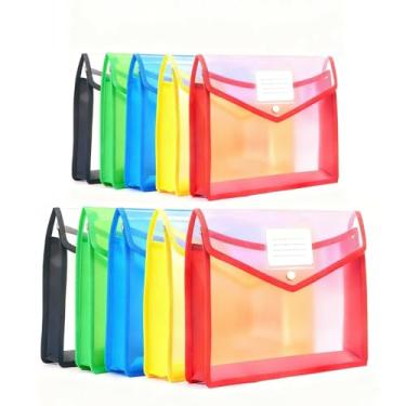 Imagem de Pacote com 10 pastas de arquivo expansíveis de plástico, pastas de envelopes transparentes à prova d'água com bolso de etiqueta e fecho de pressão, sem divisórias, grande capacidade, 5 cores sortidas