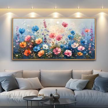 Imagem de QIYILEXWART Arte de parede grande para sala de estar decoração de parede em tela para quarto pintura aquarela decoração de escritório flores coloridas imagem de parede arte pronta para pendurar