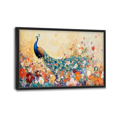 Imagem de Arte de parede emoldurada de pavão grande tela floral pavão decoração de parede imagens impressão pintura arte moderna decoração de casa para sala de estar quarto escritório 91 x 61 cm