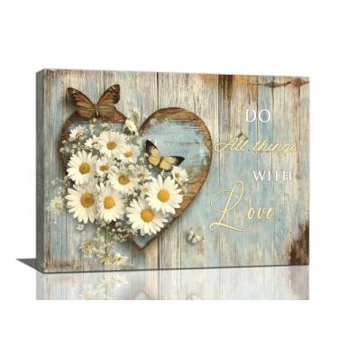 Imagem de Arte de parede de banheiro margarida, decoração de parede em tela floral de fazenda, pintura emoldurada inspiradora rústica country, arte de borboleta de flor branca para banheiro, sala de estar