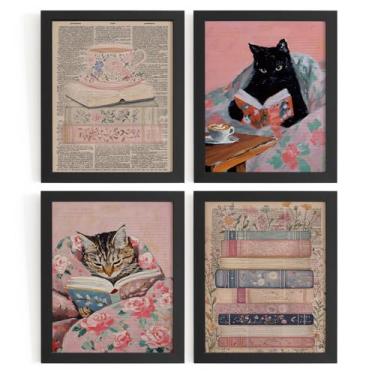 Imagem de WXHUM Decoração de parede de arte de livro de gatos vintage, decorações de clube de livros, arte de parede retrô para leitura de canto sala de aula biblioteca dormitório, presentes para meninas