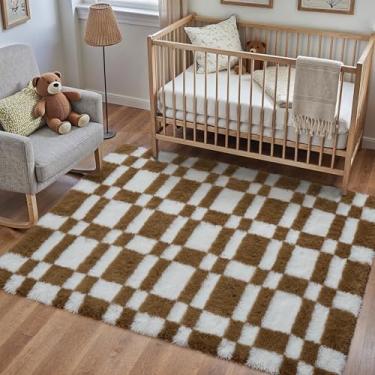 Imagem de HUGEAR Tapete xadrez 10 x 15 cm para sala de estar, marrom e branco, moderno, tapete felpudo super macio, lavável, tapete felpudo e aspirável para quarto, casa, dormitório, decoração antiderrapante